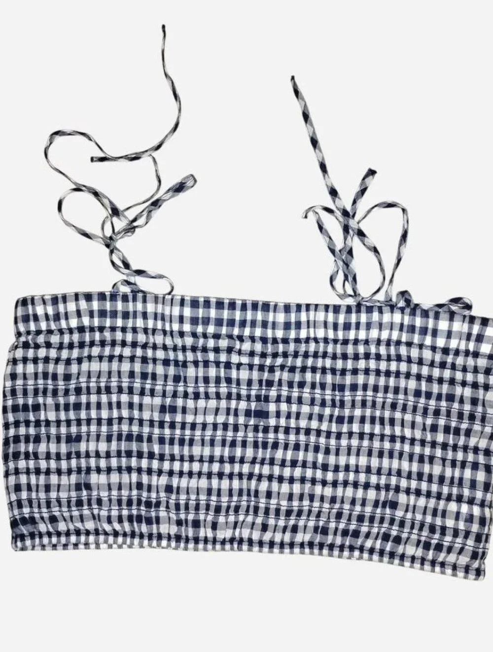 J.Crew Smocked Gingham Tie-Strap Crop Top - Navy / White - Size Small